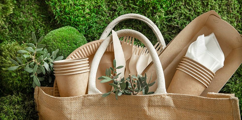 Reusable and compostable food packaging in a jute bag on moss